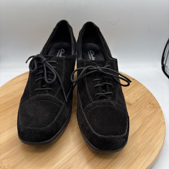 Clarks Bendables Honest Q Black Suede Oxford Pumps Lace Up Womens 8 W Wide Shoe - Picture 2 of 11